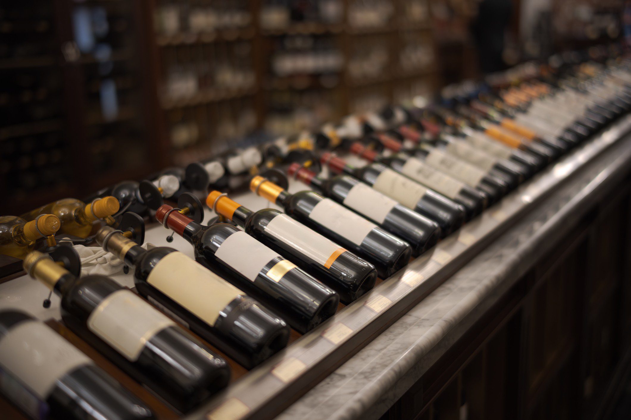 Assorted wine bottles on a shelf